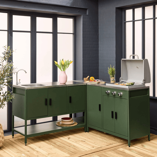 Cozinha exterior 3 módulos com churrasqueira a gás 3 queimadores em pés, Naxos, Verde, 100x51x87.5 cm