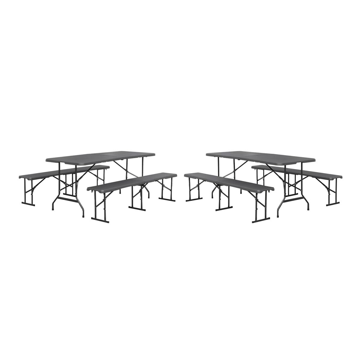 Mesa de recepción plegable de acero con 2 bancos, juego de 2, juego fiesta, gris oscuro, 180x69.5x73.5 cm