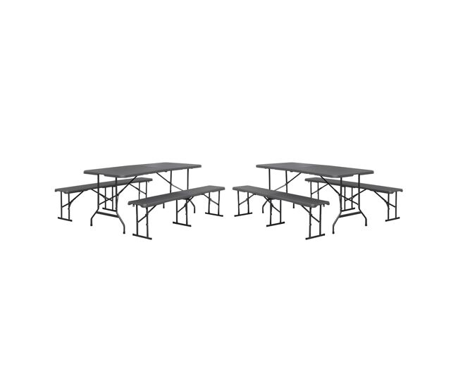 Mesa de recepción plegable de acero con 2 bancos, juego de 2, juego fiesta, gris oscuro, 180x69.5x73.5 cm