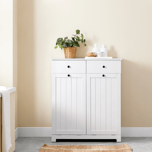 SoBuy Armário de casa de banho com cesto para roupa suja - Armário de casa de banho economizador de espaço com 2 gavetas e 2 sacos extraíveis - Armário para roupa suja para entrada ou cozinha em madeira, branco, 78 x 38 x 90 cm, BZR33-II-W