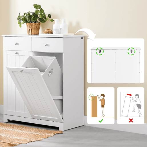 SoBuy Armário de casa de banho com cesto para roupa suja - Armário de casa de banho economizador de espaço com 2 gavetas e 2 sacos extraíveis - Armário para roupa suja para entrada ou cozinha em madeira, branco, 78 x 38 x 90 cm, BZR33-II-W