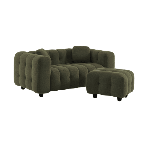 Pouf, banquinho boucle texturada para sofá 2 lugares, Leon boucle, Verde caqui, 69x59x48 cm