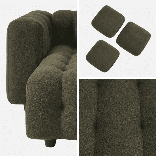 Pouf, banquinho boucle texturada para sofá 2 lugares, Leon boucle, Verde caqui, 69x59x48 cm