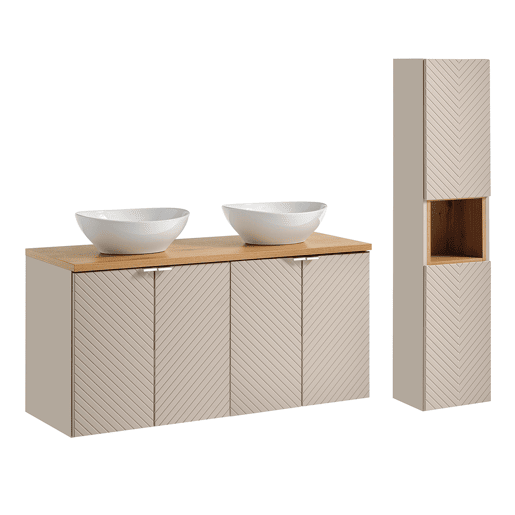 Conjunto móvel de lavatório duplo 120cm 4 portas e coluna Manoa Caxemira e Madeira