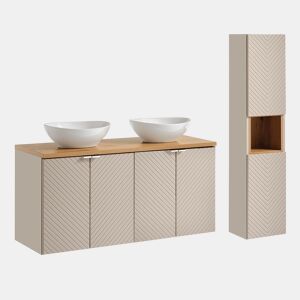 Conjunto móvel de lavatório duplo 120cm 4 portas e coluna Manoa Caxemira e Madeira