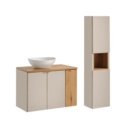 Conjunto móvel lavatório simples Manoa 80 cm com 3 portas e coluna Caxemira e Madeira
