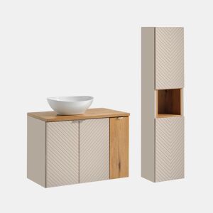 Conjunto móvel lavatório simples Manoa 80 cm com 3 portas e coluna Caxemira e Madeira
