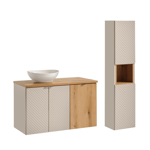 Conjunto lavatório individual 100cm 2 portas cesto de roupa suja e coluna Manoa Caxemira e Madeira