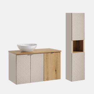 Conjunto lavatório individual 100cm 2 portas cesto de roupa suja e coluna Manoa Caxemira e Madeira