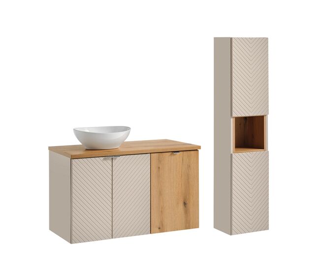 Conjunto mueble lavabo individual 100cm 2 puertas cesto de ropa y columna manoa cachemira y madera