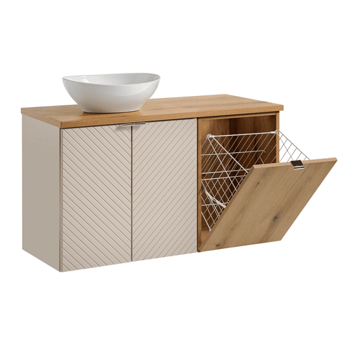 Conjunto lavatório individual 100cm 2 portas cesto de roupa suja e coluna Manoa Caxemira e Madeira