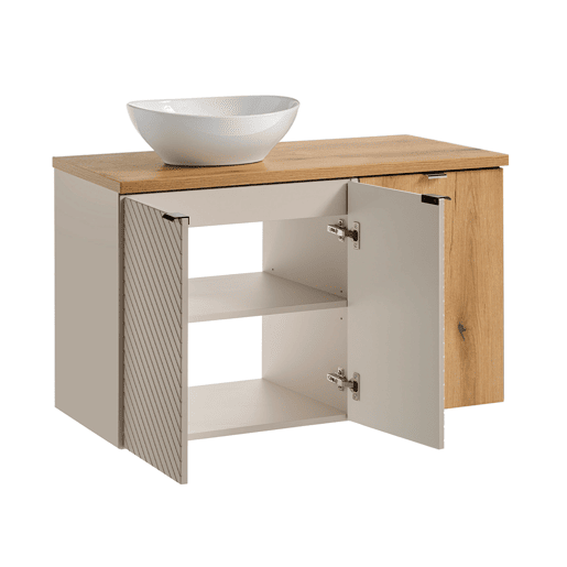Conjunto lavatório individual 100cm 2 portas cesto de roupa suja e coluna Manoa Caxemira e Madeira