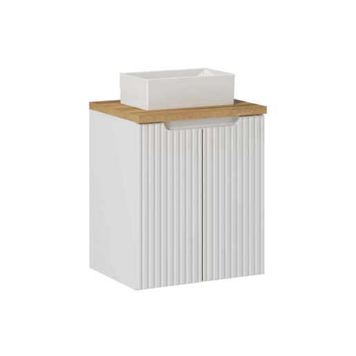 Conjunto móvel de lavatório simples 50cm 2 portas e coluna Riva Branco e Madeira
