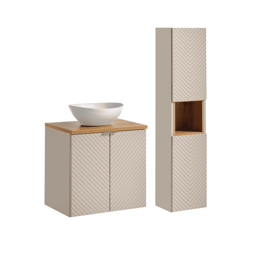 Conjunto móvel lavatório simples 60cm 2 portas e coluna Manoa Caxemira e Madeira