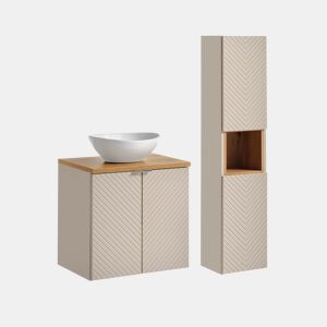 Conjunto móvel lavatório simples 60cm 2 portas e coluna Manoa Caxemira e Madeira