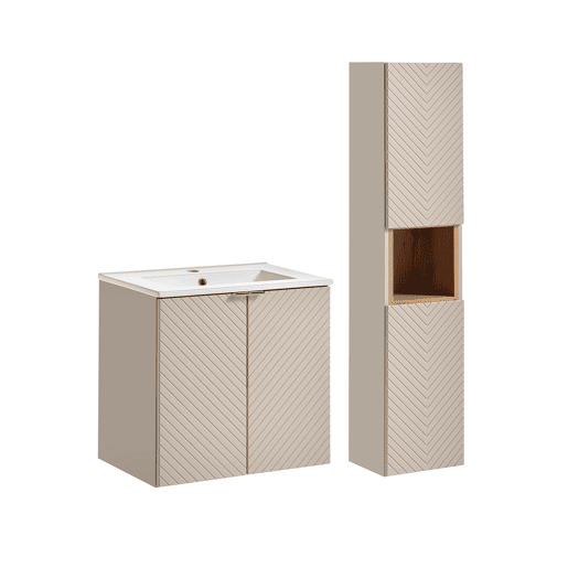 Conjunto móvel lavatório simples embutido 60cm 2 portas e coluna Manoa Caxemira e Madeira
