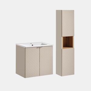 Conjunto móvel lavatório simples embutido 60cm 2 portas e coluna Manoa Caxemira e Madeira