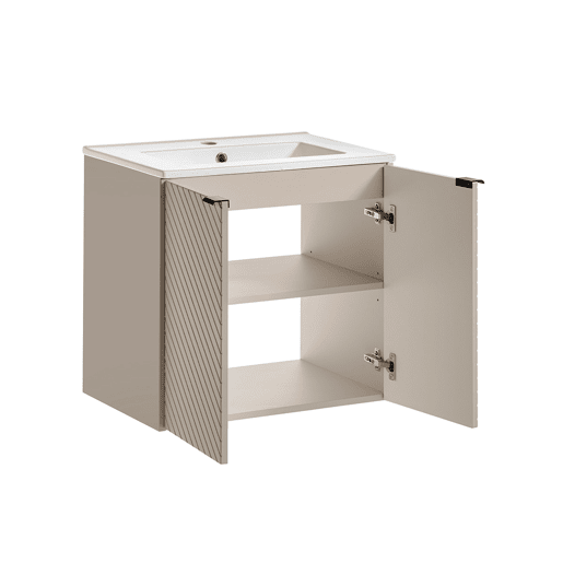 Conjunto móvel lavatório simples embutido 60cm 2 portas e coluna Manoa Caxemira e Madeira