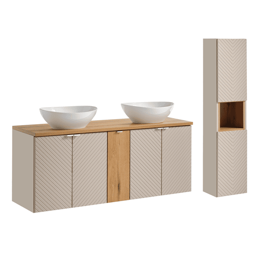 Conjunto móvel de lavatório duplo 140cm 5 portas e coluna Manoa Caxemira e Madeira