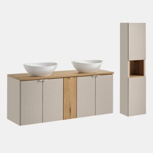 Conjunto móvel de lavatório duplo 140cm 5 portas e coluna Manoa Caxemira e Madeira
