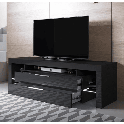 Móvel TV Sala de estar e jantar Preto 160x35x53 2 gavetas LED Selma Muebles Bonitos