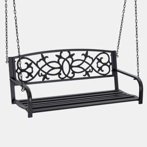 Outsunny Banco Baloiço de 2 Lugares Banco Suspenso de Aço com Apoio para os Braços Carga Máx. 240kg para Jardim Varanda Exterior 127x59,5x52cm Preto