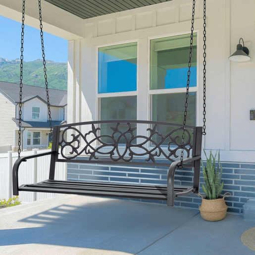 Outsunny Banco Baloiço de 2 Lugares Banco Suspenso de Aço com Apoio para os Braços Carga Máx. 240kg para Jardim Varanda Exterior 127x59,5x52cm Preto