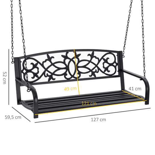 Outsunny Banco Baloiço de 2 Lugares Banco Suspenso de Aço com Apoio para os Braços Carga Máx. 240kg para Jardim Varanda Exterior 127x59,5x52cm Preto