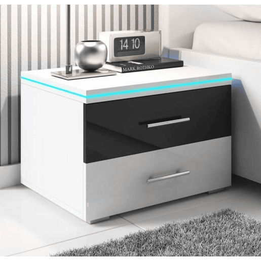 Mesa de cabeceira Quarto de dormir BrancoPreto 50,3x45,3x36,5 2 gavetas LED Paulina Muebles Bonitos