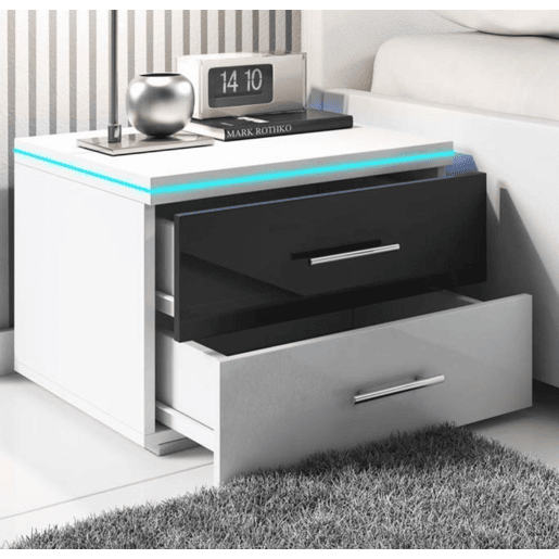 Mesa de cabeceira Quarto de dormir BrancoPreto 50,3x45,3x36,5 2 gavetas LED Paulina Muebles Bonitos