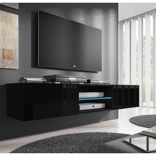 Móvel TV Sala de estar e jantar Preto 160x38,5x30 2 portas LED Tibi Muebles Bonitos