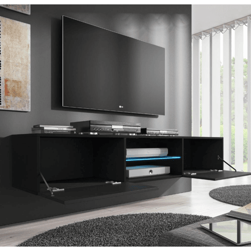 Móvel TV Sala de estar e jantar Preto 160x38,5x30 2 portas LED Tibi Muebles Bonitos