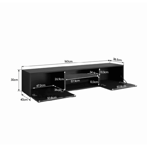 Móvel TV Sala de estar e jantar Preto 160x38,5x30 2 portas LED Tibi Muebles Bonitos