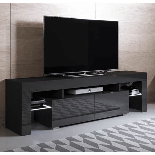 Móvel TV Sala de estar e jantar Preto 160x35x45 2 gavetas LED Unai Muebles Bonitos