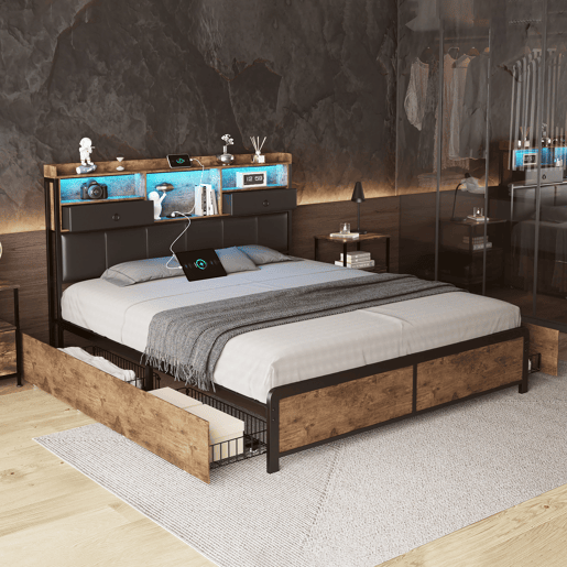 Cama de casal estofada em metal 160x200cm com estrado de ripas, cama juvenil com LED e USB, caixa de arrumação com 4 gavetas, para adultos e adolescentes, castanha