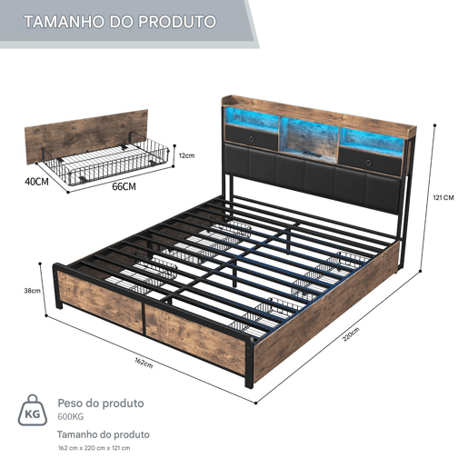 Cama de casal estofada em metal 160x200cm com estrado de ripas, cama juvenil com LED e USB, caixa de arrumação com 4 gavetas, para adultos e adolescentes, castanha
