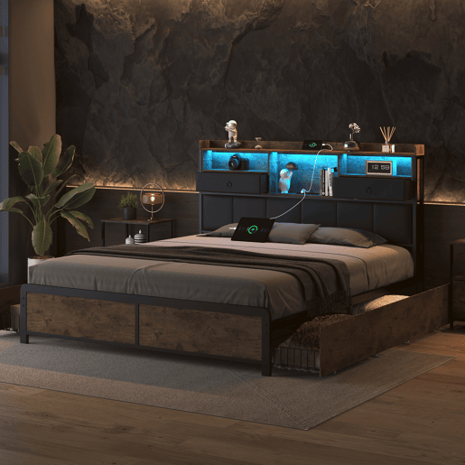 Cama de casal estofada em metal 160x200cm com estrado de ripas, cama juvenil com LED e USB, caixa de arrumação com 4 gavetas, para adultos e adolescentes, castanha