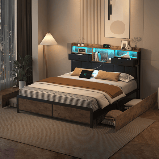 Cama de casal estofada em metal 160x200cm com estrado de ripas, cama juvenil com LED e USB, caixa de arrumação com 4 gavetas, para adultos e adolescentes, castanha