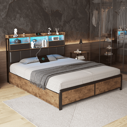 Cama de casal estofada em metal 160x200cm com estrado de ripas, cama juvenil com LED e USB, caixa de arrumação com 4 gavetas, para adultos e adolescentes, castanha