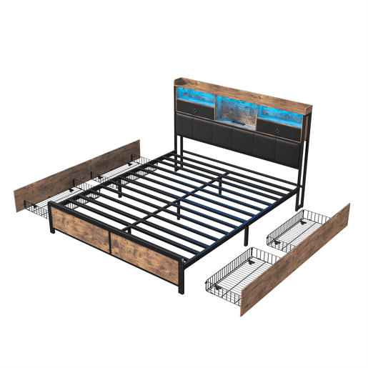 Cama de casal estofada em metal 160x200cm com estrado de ripas, cama juvenil com LED e USB, caixa de arrumação com 4 gavetas, para adultos e adolescentes, castanha