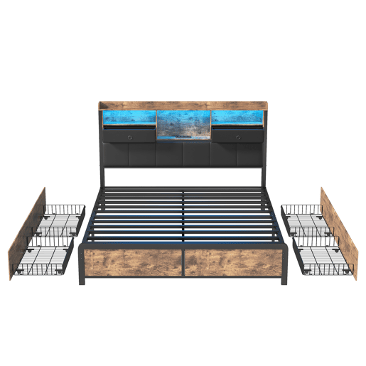 Cama de casal estofada em metal 160x200cm com estrado de ripas, cama juvenil com LED e USB, caixa de arrumação com 4 gavetas, para adultos e adolescentes, castanha