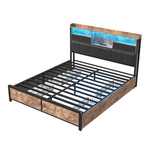 Cama de casal estofada em metal 160x200cm com estrado de ripas, cama juvenil com LED e USB, caixa de arrumação com 4 gavetas, para adultos e adolescentes, castanha