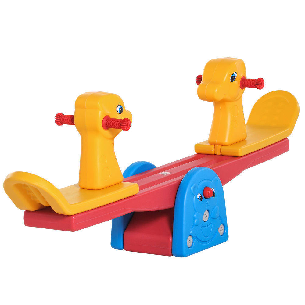 Homcom sube y baja infantil columpio balancín para niños con respaldo manillar texturizado en forma de jirafa carga 20kg por asiento para interior y exterior 150x32x60 cm multicolor