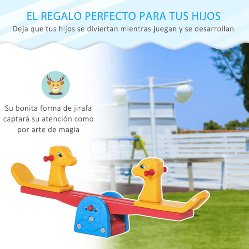 HOMCOM Baloiço Infantil em Forma de Girafa com Encosto Guidão Texturizado Carga 20kg por Assento para Interior e Exterior 150x32x60cm Multicor