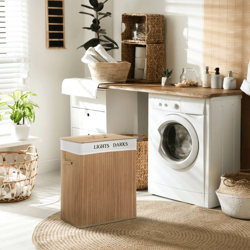 HOMCOM Cesto para Roupa Suja em Bambu 100 L com Tampa e Saco com 2 Compartimentos Removíveis e Laváveis 52x32x63 cm Natural