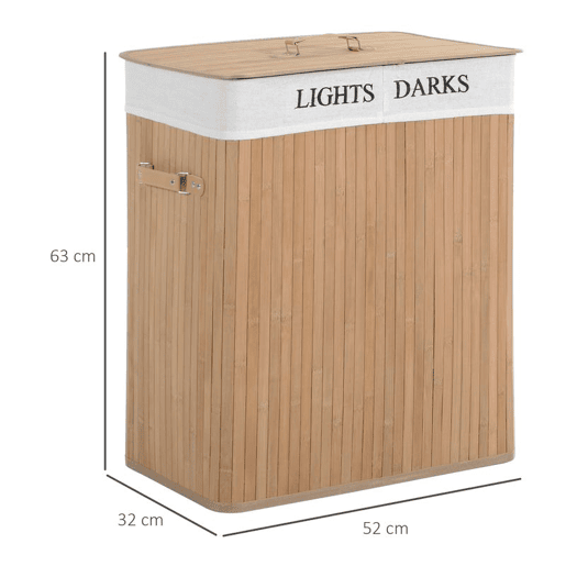 HOMCOM Cesto para Roupa Suja em Bambu 100 L com Tampa e Saco com 2 Compartimentos Removíveis e Laváveis 52x32x63 cm Natural