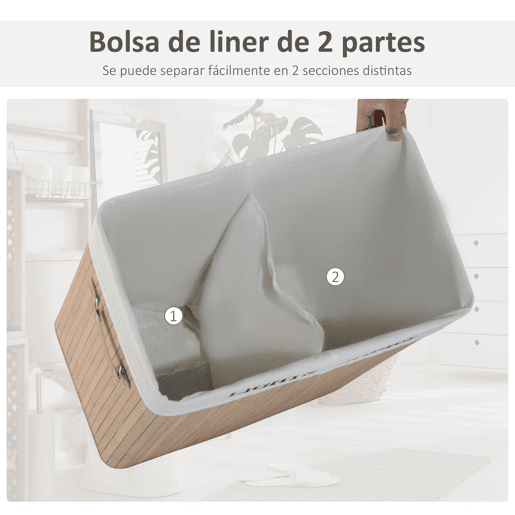HOMCOM Cesto para Roupa Suja em Bambu 100 L com Tampa e Saco com 2 Compartimentos Removíveis e Laváveis 52x32x63 cm Natural