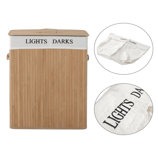 HOMCOM Cesto para Roupa Suja em Bambu 100 L com Tampa e Saco com 2 Compartimentos Removíveis e Laváveis 52x32x63 cm Natural