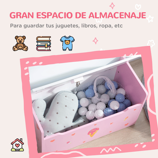 ZONEKIZ Baú Infantil 2 em 1 Baú de Armazenamento Organizador de Brinquedos para Crianças acima de 18 Meses com Tampa de Fechamento Seguro para Dormitório Sala de Jogos Carga 50kg 60x30x50cm Rosa