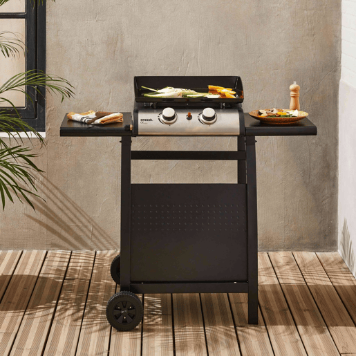 Grelhador a gás 2 queimadores inox 5kW com carrinho, Plancha Porthos 2 brûleurs + chariot, Preto, 107x55x106 cm